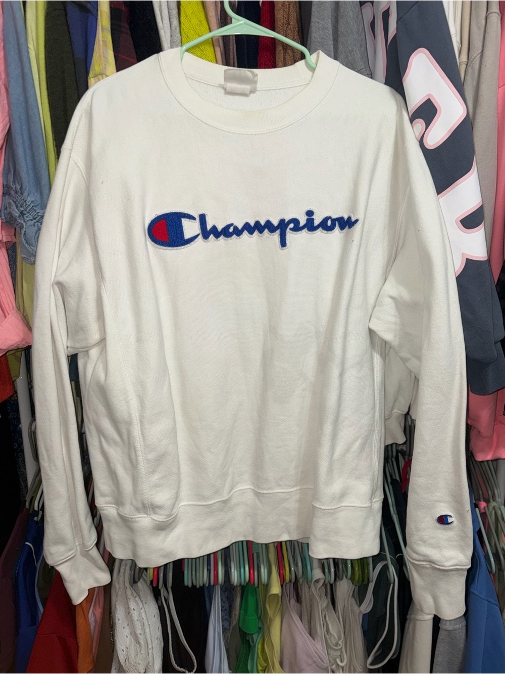 Champion White Crewneck with Blue & Red Script Logo